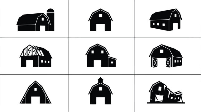 Minimalist barn icon set, 9 black farm building silhouettes, rustic agricultural shed vector collection, traditional countryside architecture symbols