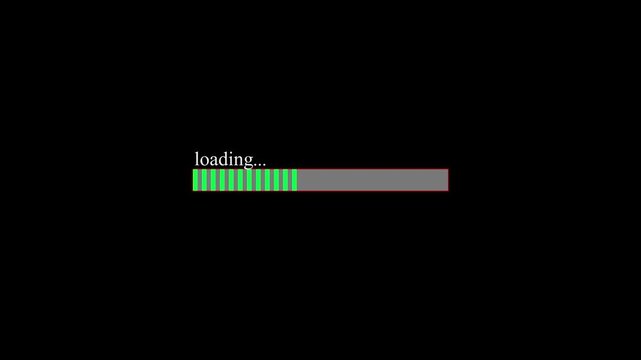 Retro style green block progress bar animation on black background, digital loading status concept.