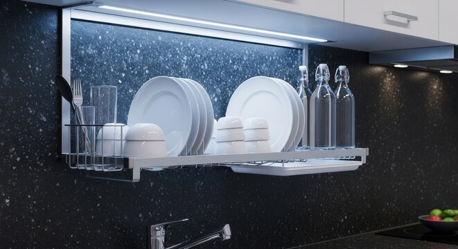 Compact space-saving dish drying rack mounted above kitchen sink for efficient storage and organization