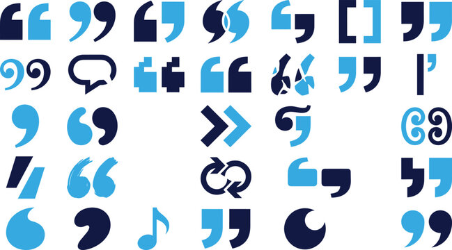 Set of quotation mark icons and punctuation symbols in blue and dark blue.