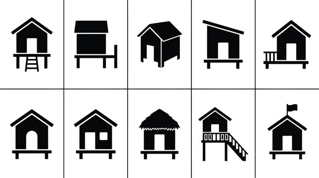 Minimalist beach hut icons set, black silhouette bungalow and stilt house vector collection, tropical vacation cabin symbols for travel maps
