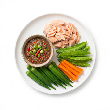 Thai Spicy Shrimp Paste Dip (Nam Prik Kapi) with Steamed Salmon and Fresh Vegetables