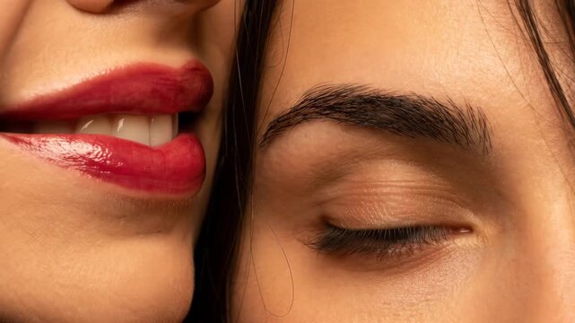 Extreme close-up reveals glossy bright red lips with tongue licking near an intensely focused brown human eye and dark defined eyebrow 
