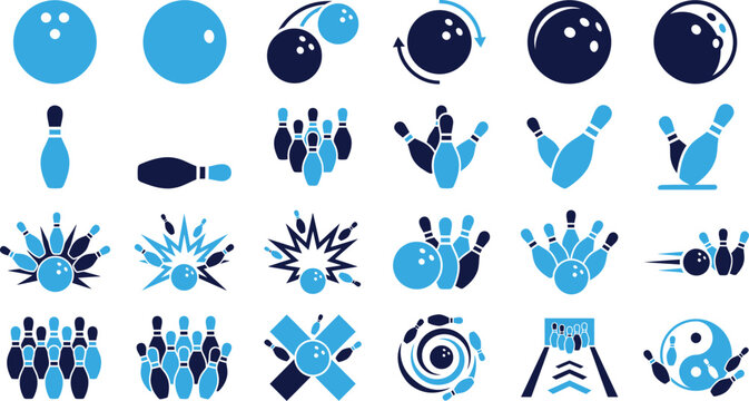 Set of flat blue bowling icons representing balls pins and game elements on white background.