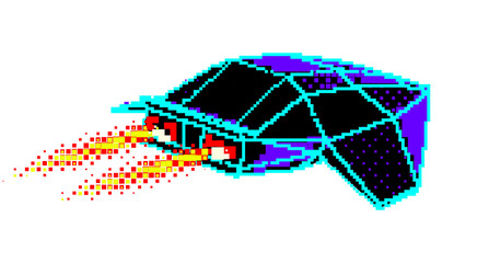 Pixel 3D wireframe spaceship with fire trail and flame exhaust. Synthwave retro-style spaceship isolated on transparent background © swillklitch