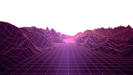 Synthwave glowing neon wireframe grid landscape with mountain silhouette and infinite horizon depth © swillklitch
