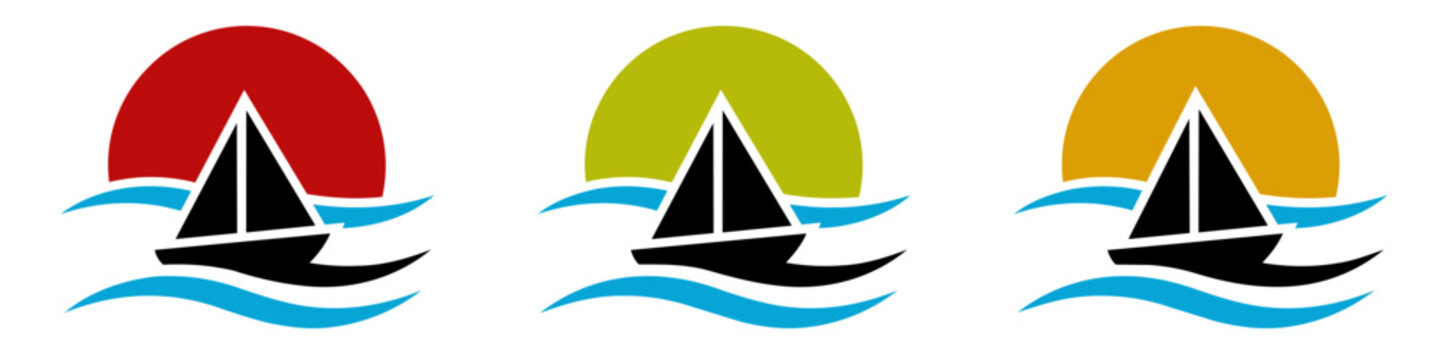 Sailboat icon set with colorful sun and sea waves for travel