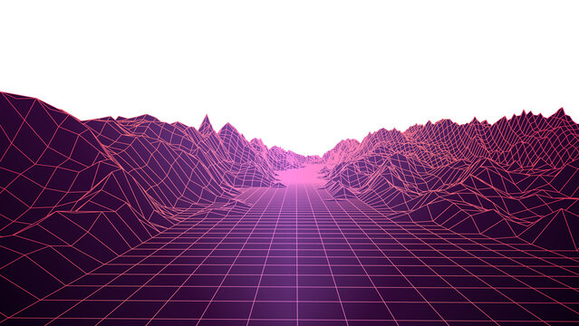 Synthwave glowing neon wireframe grid landscape with mountain silhouette and infinite horizon depth