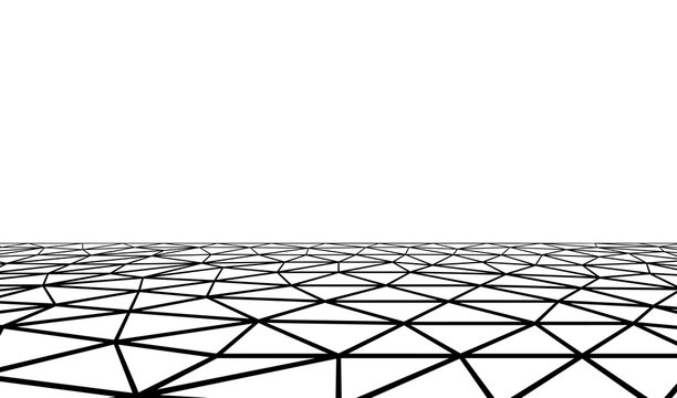 Cracked ground with horizon, wireframe triangulated mesh plane in perspective on transparent background
