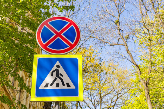 No stopping and pedestrian crossing traffic signs on sunny spring day