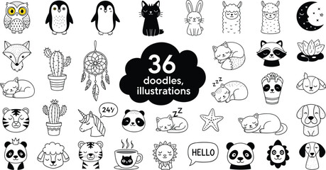Large set of 36 cute hand drawn animal doodles and lifestyle icons including panda cat owl penguin and raccoon characters in simple black line art style © NURUL