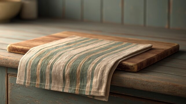 Wooden bread board with kitchen towel on small apartment counter in soft light Generative AI