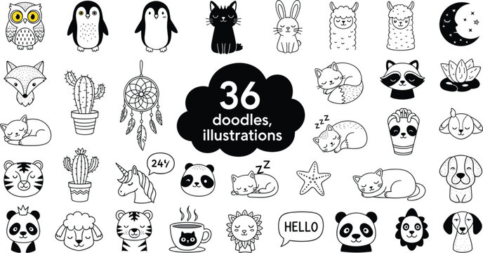 Large set of 36 cute hand drawn animal doodles and lifestyle icons including panda cat owl penguin and raccoon characters in simple black line art style