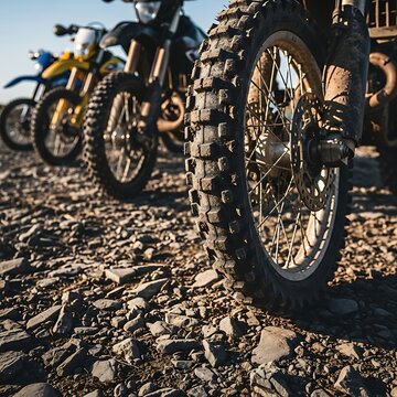 Dirt bikes parked on rocks