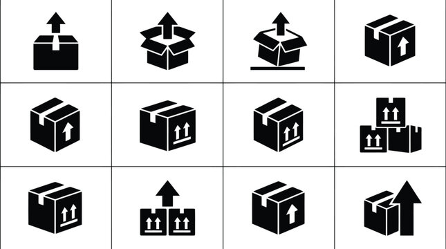 Schwarz-wei&szlig;e Icons von Paketen und Kartons mit Pfeilen, die das Hochladen und den Versand symbolisieren.