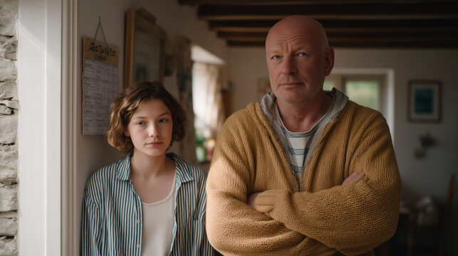 Stepfather stands in hallway with arms folded, teenage stepdaughter leaning against bedroom doorframe, neither crossing the threshold, a chore chart taped crookedly to the wall beside them, midday s