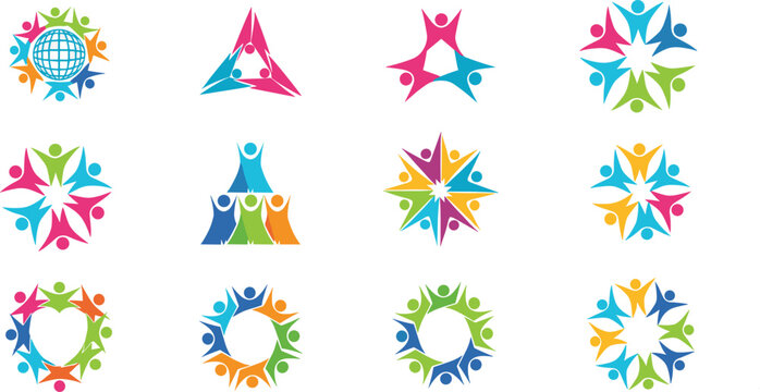 Abstract community logo collection featuring colorful stylized people figures in circular and geometric arrangements for unity teamwork and social networking concepts