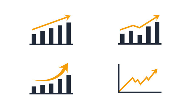 Business growth charts and graphs rising arrow analytics finance data progress vector icons set