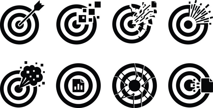 Verschiedene Zielscheiben-Icons, die Konzepte wie Erfolg, Misserfolg, Datenanalyse und Technologie darstellen, in einem minimalistischen Schwarz-Wei&szlig;-Design.