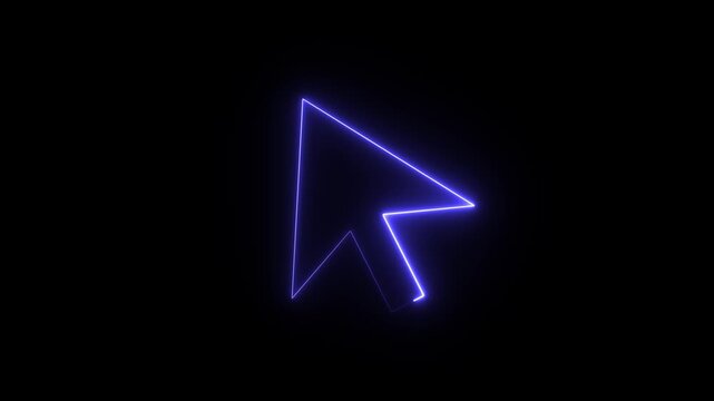 A digital computer mouse cursor styled as a glowing neon blue arrow against a dark background. 