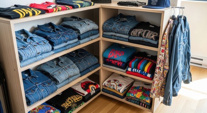 Neatly folded stacks of denim jeans and casual apparel on retail store shelving