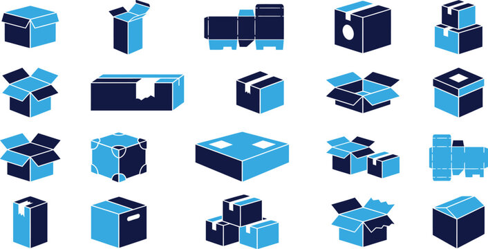 Various cardboard box designs, folded and open, showing packaging and shipping, blue and dark blue.