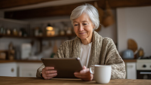 Elderly woman in cardigan completes online notarization affidavit at kitchen table, tablet propped against ceramic mug, notary seal animation visible on screen as she reads identity verification pro