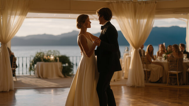 Newlyweds glide across a hardwood ballroom floor during first dance, spotlight cutting through early morning mist rolling from terrace doors, string quartet visible behind gauze curtains, guests lea