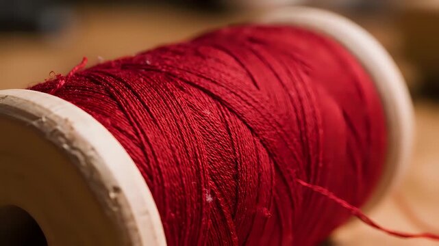 Closeup Macro Shot of a Spool of Vibrant Red Thread.