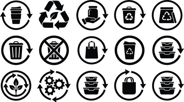 Sammlung von Recycling- und Nachhaltigkeitssymbolen, die verschiedene Aspekte des Umweltschutzes und der Abfallwirtschaft darstellen.