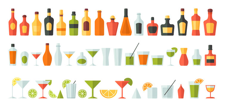 A flat, minimalist illustration of a barware and liquor collection arranged in three horizontal rows against a white backgroun