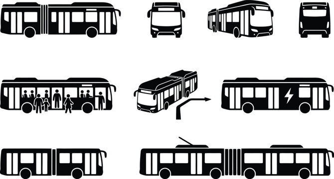 Sammlung von Schwarz-Wei&szlig;-Silhouetten verschiedener Busse, einschlie&szlig;lich Gelenk-, Elektro- und Oberleitungsbussen.