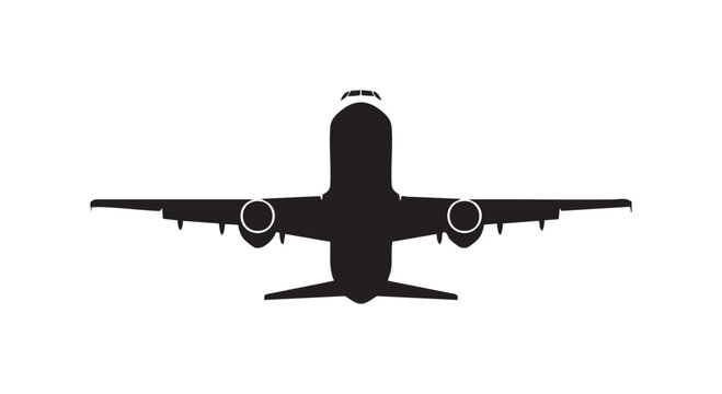 Black silhouette of passenger airplane taking off isolated on white background viewed from front center perspective.