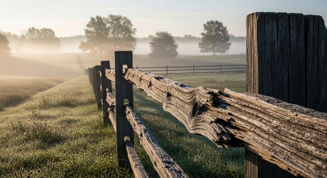 Rustic weathered split rail wooden fence bordering a misty countryside field at dawn