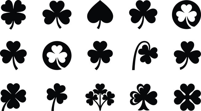 Verschiedene schwarze Silhouetten von Kleebl&auml;ttern und einem Pik-Symbol auf wei&szlig;em Hintergrund.