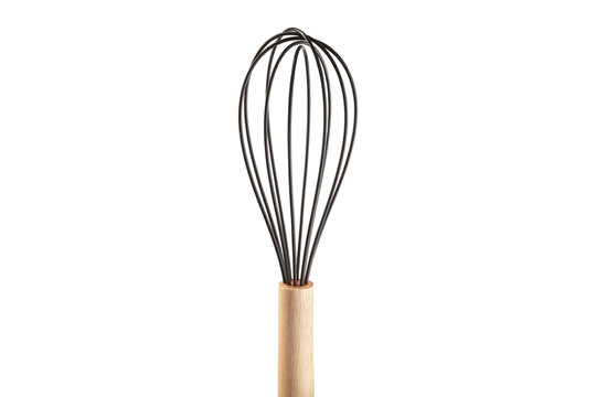 Metal kitchen whisk with ergonomic wooden handle isolated on light background. Essential cooking utensil used for mixing, whipping and blending ingredients such as eggs, cream and batter