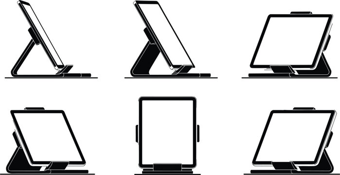 Black and white tablet stand silhouettes showing adjustable positions in modern sleek vector illustration
