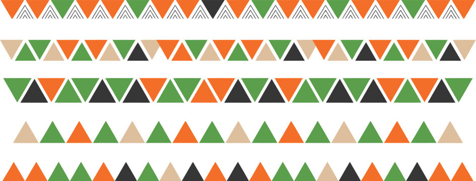 Ethnic line border vector set, includes Mexican pattern lines, African motif borders, and Aztec triangular stripe ornaments for cultural decoration, graphic design, and background pattern projects.