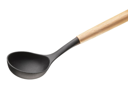 Black kitchen ladle with ergonomic wooden handle isolated on light background. Practical cooking utensil used for serving soups, sauces and hot liquids. Clean studio shot with copy space
