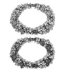 Naklejka premium Grapevine oval wreath. Two hand drawn different sketches style frames. Decoration suitable for wine labels, winery branding, distillery, cellar, refinery. Vector illustration on transparent background