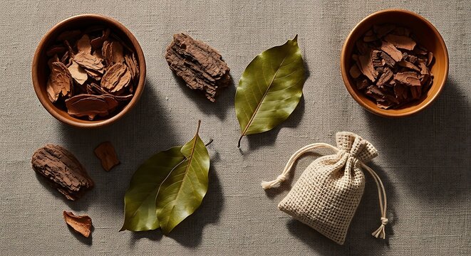 Copa&iacute;ba essential oil ingredients featuring natural tree bark chips and green leaves arranged on a rustic textile background for wellness and spa aromatherapy