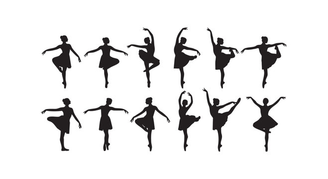 Collection of ballerina silhouettes in various elegant dance poses, showcasing grace and movement of ballet.