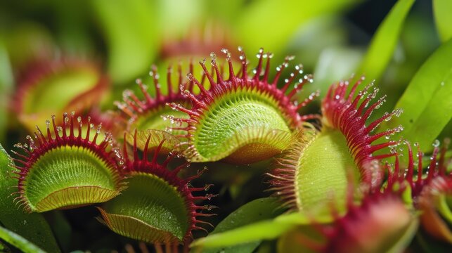 Macro view of carnivorous Venus flytrap plants with open traps