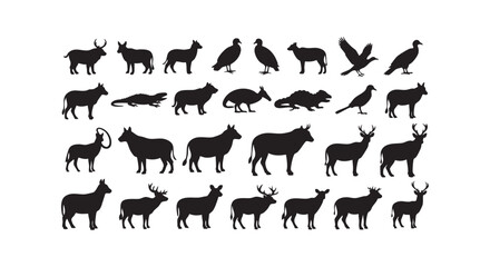 Fototapeta premium Collection of black animal silhouettes in various poses and species representing wildlife diversity and nature.