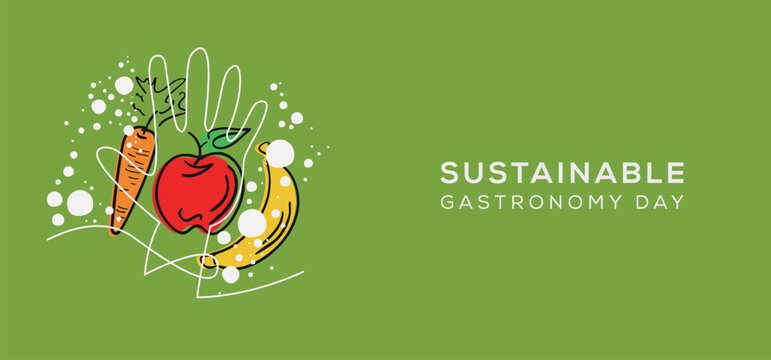 Sustainable Gastronomy Day Celebration with Fresh Organic Food and Eco Friendly Elements, vector illustration.
