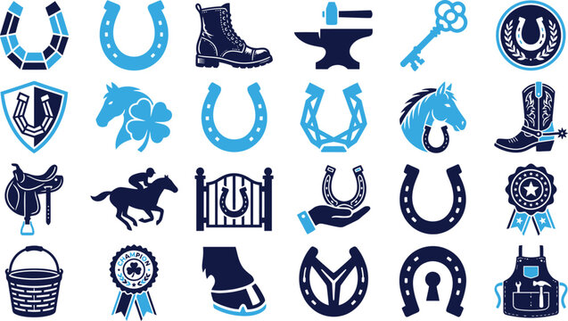 Horse riding and equestrian equipment icons in blue and dark blue for sports and lifestyle themes.