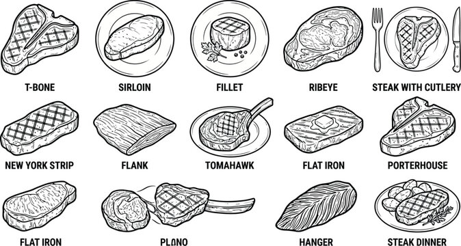 Collection of various steak cuts and a complete dinner with grilled meat, potatoes, and garnish in a detailed line art style.