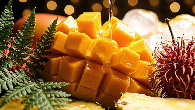 Fresh diced mango with pineapple and rambutan on ice