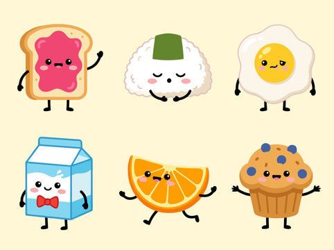Kawaii Breakfast Food Characters Set Including Toast Rice Ball Egg Milk Orange and Muffin Vector Illustration, Cute Personified Meals for Kids Menu