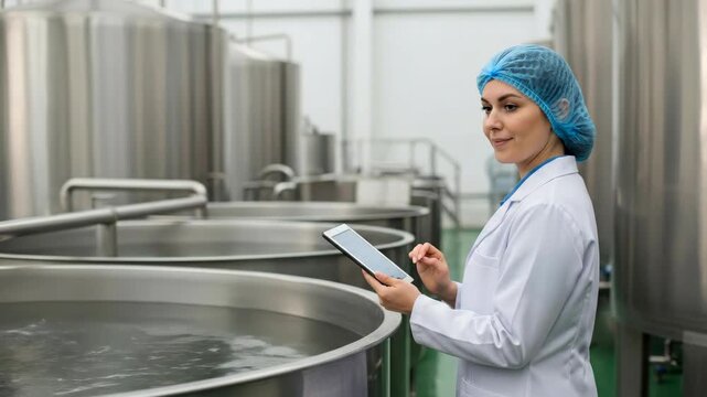 Young woman with tablet checks production parameters in facility with steel tanks, food and beverage manufacturing concept